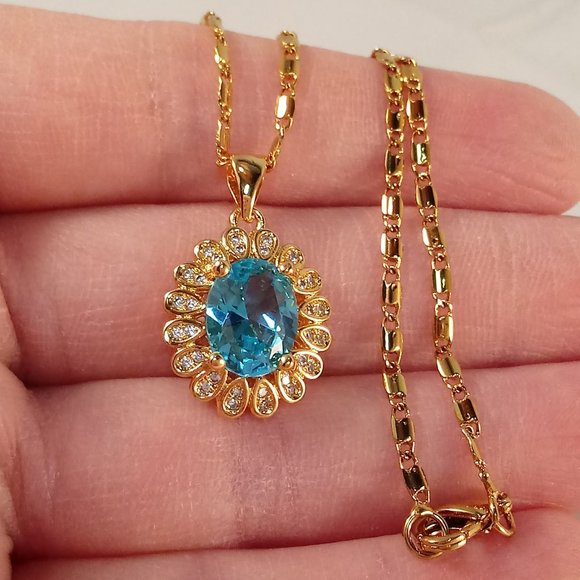 18K Yellow Gold Filled Blue Diamond Zircon Flower Pendant Necklace 2.54ctw Gift - Picture 3 of 4